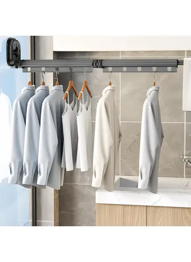 2 Section Retractable Folding Clothes Drying Rack Aluminum Alloy Balcony Window Space Saving Suction Cup Hanging Rack - Beige