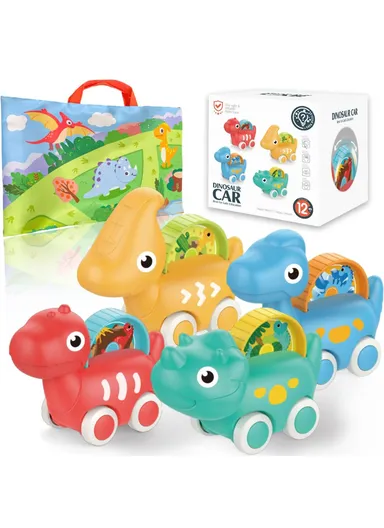 4Pcs Mini Cartoon Dinosaur Model Cars with Educational Scene Map Mat Portable Storage Bag for Babies HE8009 