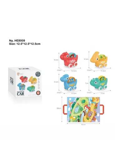 4Pcs Mini Cartoon Dinosaur Model Cars with Educational Scene Map Mat Portable Storage Bag for Babies HE8009 