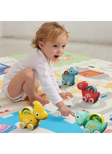 4Pcs Mini Cartoon Dinosaur Model Cars with Educational Scene Map Mat Portable Storage Bag for Babies HE8009 