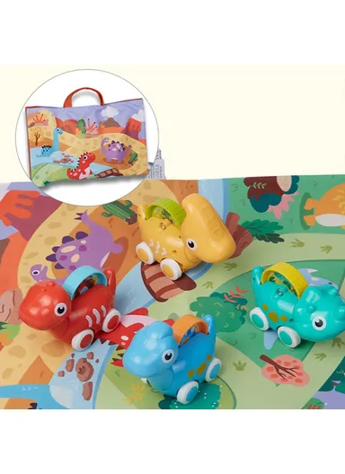 4Pcs Mini Cartoon Dinosaur Model Cars with Educational Scene Map Mat Portable Storage Bag for Babies HE8009 