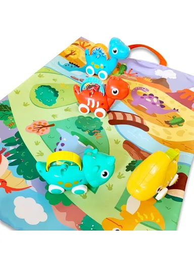 4Pcs Mini Cartoon Dinosaur Model Cars with Educational Scene Map Mat Portable Storage Bag for Babies HE8009 