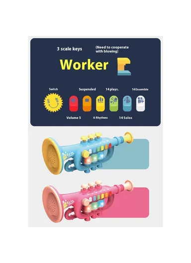Musical Instrument Kids Toy Trumpet Educational Preschool Learning Blowing Instrument for Toddlers Early Childhood Development - Blue