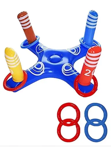 Summer Inflatable PVC Ring Toss Game Set Pool Toy Cross-Shaped Base with 4 Rings for Kids