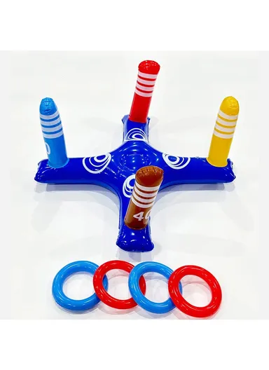 Summer Inflatable PVC Ring Toss Game Set Pool Toy Cross-Shaped Base with 4 Rings for Kids
