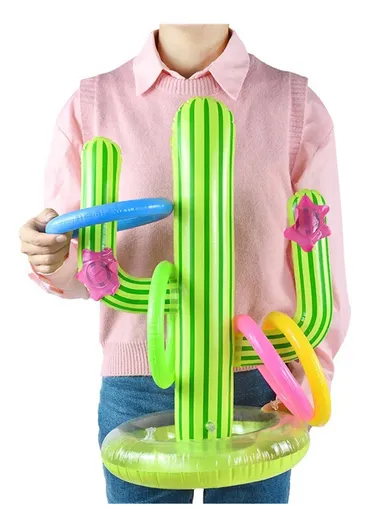 Summer Inflatable PVC Throwing Game Set Cactus Ring Toss Toy with 4 Rings Pool Party Family Fun