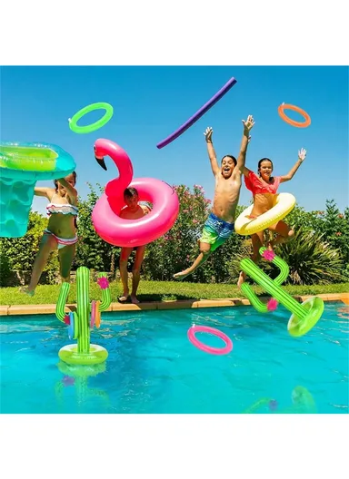 Summer Inflatable PVC Throwing Game Set Cactus Ring Toss Toy with 4 Rings Pool Party Family Fun