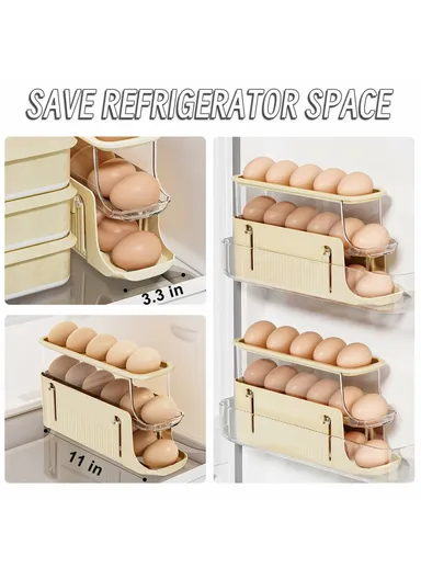 3-Tier Egg Storage Container Auto Rolling Design Refrigerator Side Door Organizer (BPA Free, No FDA) - Beige