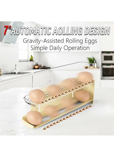 3-Tier Egg Storage Container Auto Rolling Design Refrigerator Side Door Organizer (BPA Free, No FDA) - Beige