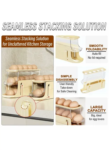 3-Tier Egg Storage Container Auto Rolling Design Refrigerator Side Door Organizer (BPA Free, No FDA) - Beige