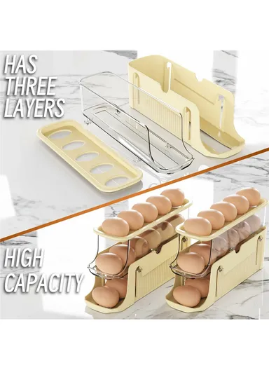 3-Tier Egg Storage Container Auto Rolling Design Refrigerator Side Door Organizer (BPA Free, No FDA) - Beige