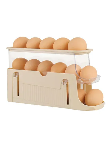 3-Tier Egg Storage Container Auto Rolling Design Refrigerator Side Door Organizer (BPA Free, No FDA) - Beige