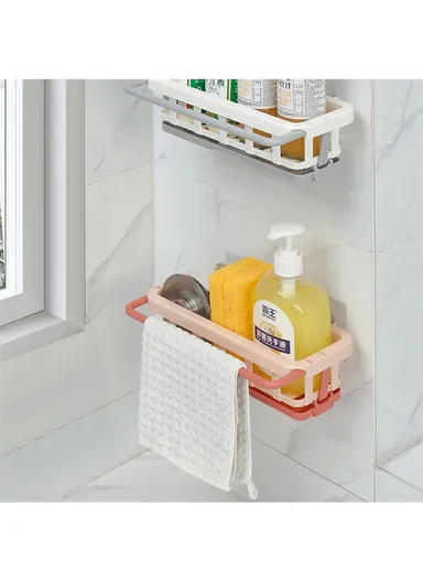 Kitchen Sink Bathroom Storage Shelf Punch Free Retractable Rod Rag Shampoo Storage Rack - Pink