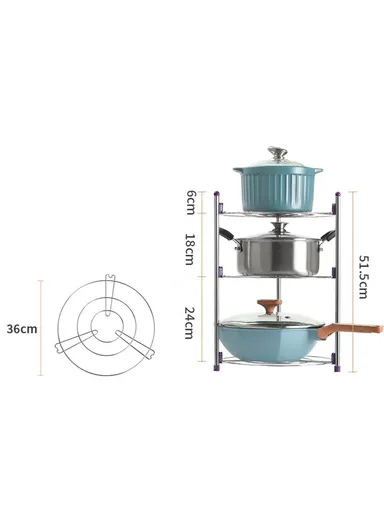 Three Layers Kitchen Pot Rack Space Saving Carbon Steel Organizer Shelf for Woks / Saucepans / Frying Pans