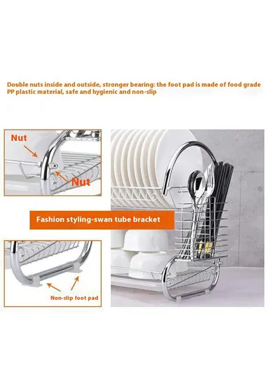 Kitchen Bowl Plate Organizer Stainless Steel 2-Tier S-Shaped Dish Drying Rack with Chopsticks Holder - Cutting Board Rack