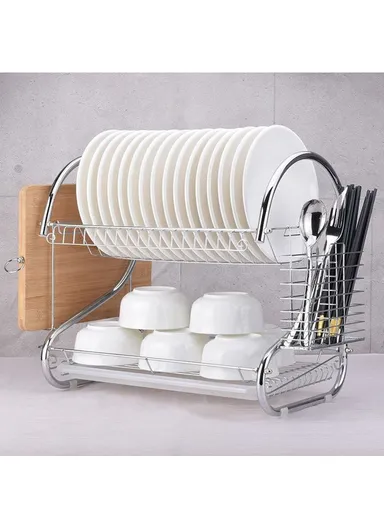 Kitchen Bowl Plate Organizer Stainless Steel 2-Tier S-Shaped Dish Drying Rack with Chopsticks Holder - Cutting Board Rack