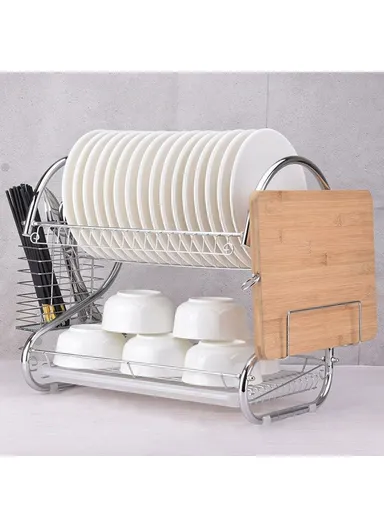 Kitchen Bowl Plate Organizer Stainless Steel 2-Tier S-Shaped Dish Drying Rack with Chopsticks Holder - Cutting Board Rack