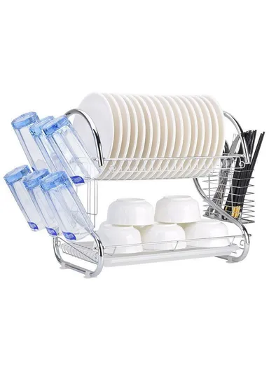 Kitchen Bowl Plate Organizer Stainless Steel 2-Tier S-Shaped Dish Drying Rack with Chopsticks Holder - Cup Holder