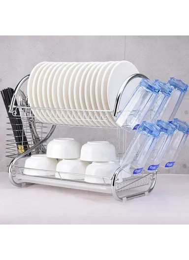 Kitchen Bowl Plate Organizer Stainless Steel 2-Tier S-Shaped Dish Drying Rack with Chopsticks Holder - Cup Holder