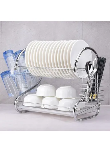 Kitchen Bowl Plate Organizer Stainless Steel 2-Tier S-Shaped Dish Drying Rack with Chopsticks Holder - Cup Holder