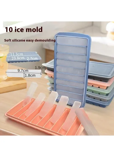 10 Grids Long Strip Silicone Ice Cube Tray with Lid Kitchen Baking Finger Biscuit Mold (BPA Free, No FDA Certificate) - Light Grey