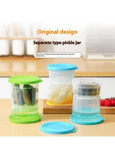 Hourglass Pickle Jar Dry Wet Separation Airtight Fridge Organizer for Kimchi Olives Pickled Vegetables (BPA Free, No FDA) - Blue