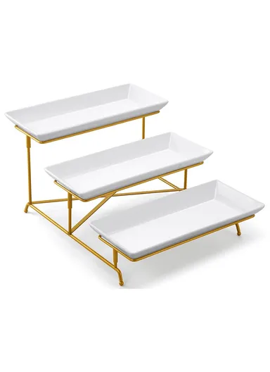 Three-Tier Detachable Fruit Display Shelf, Ceramic Serving Platter for Desserts, Cakes, Candies - Gold