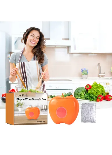 50Pcs Kitchen Plastic Wrap Food Cover Cling Film with Apple Shape Dispenser Box JUC09-A007-5-OG1