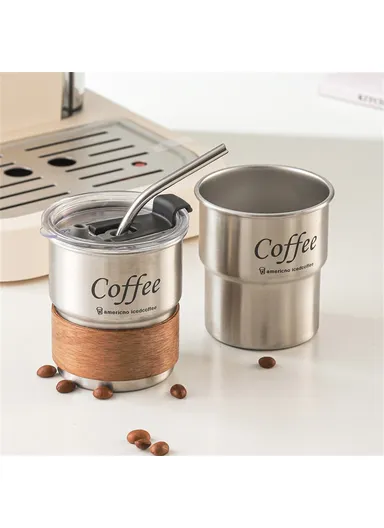 Single Layer 304 Stainless Steel Coffee Mug Portable Cup with Wooden Sleeve for Camping - Green