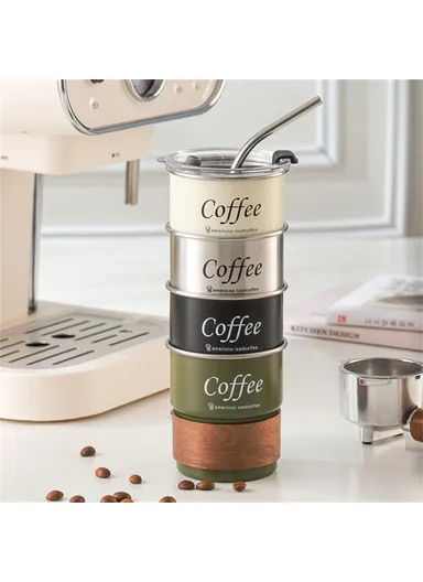 Single Layer 304 Stainless Steel Coffee Mug Portable Cup with Wooden Sleeve for Camping - Black