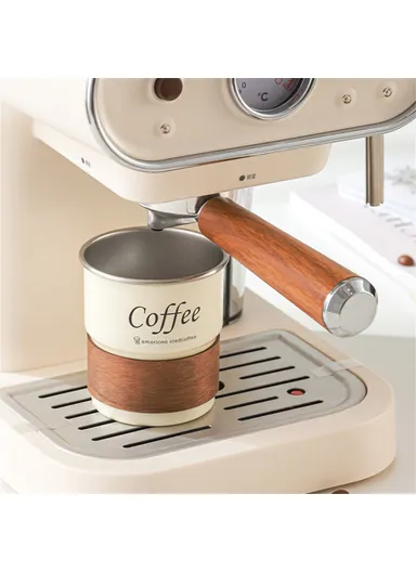 Single Layer 304 Stainless Steel Coffee Mug Portable Cup with Wooden Sleeve for Camping - Beige