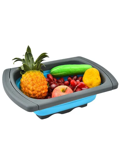 Large Capacity Collapsible Colander Rectangular Extendable Fruit Basket Kitchen Strainer (BPA Free, No FDA)  - Blue