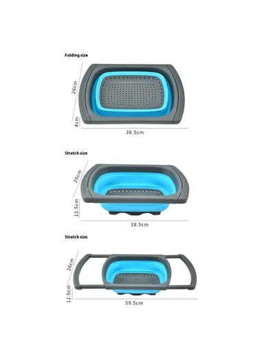 Large Capacity Collapsible Colander Rectangular Extendable Fruit Basket Kitchen Strainer (BPA Free, No FDA)  - Blue