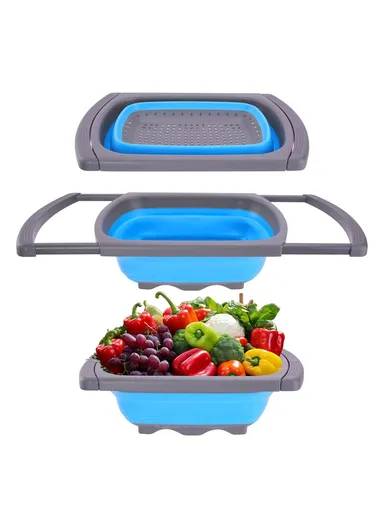 Large Capacity Collapsible Colander Rectangular Extendable Fruit Basket Kitchen Strainer (BPA Free, No FDA)  - Blue