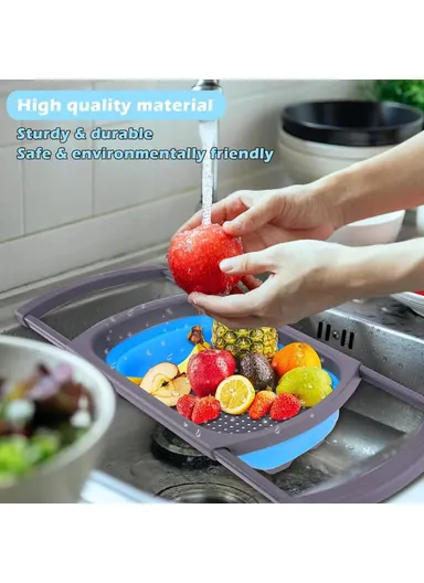 Large Capacity Collapsible Colander Rectangular Extendable Fruit Basket Kitchen Strainer (BPA Free, No FDA)  - Blue