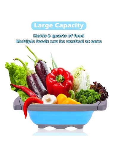 Large Capacity Collapsible Colander Rectangular Extendable Fruit Basket Kitchen Strainer (BPA Free, No FDA)  - Blue