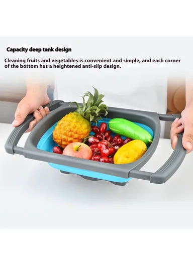 Large Capacity Collapsible Colander Rectangular Extendable Fruit Basket Kitchen Strainer (BPA Free, No FDA)  - Blue