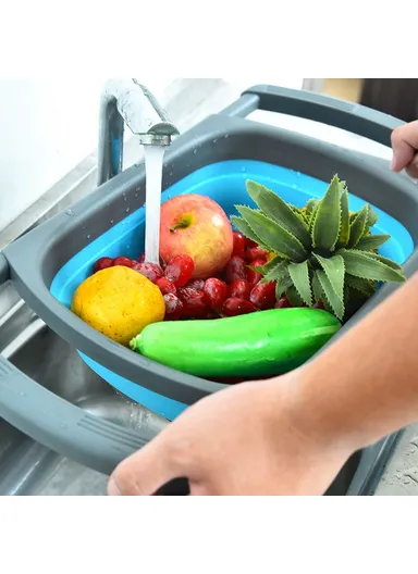 Large Capacity Collapsible Colander Rectangular Extendable Fruit Basket Kitchen Strainer (BPA Free, No FDA)  - Blue