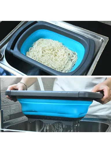 Large Capacity Collapsible Colander Rectangular Extendable Fruit Basket Kitchen Strainer (BPA Free, No FDA)  - Blue