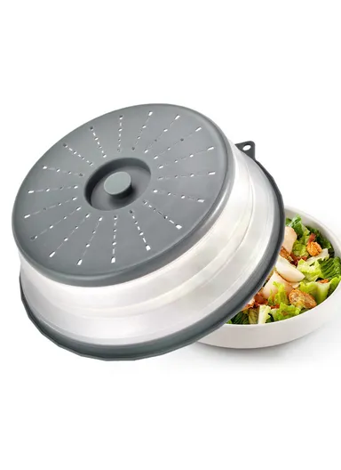 Collapsible Microwave Cover PP + TPR Food Splatter Guard Drain Lid with Hanging Hole (BPA Free, No FDA) - Grey