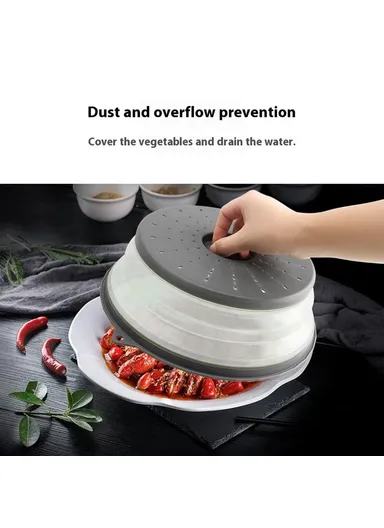 Collapsible Microwave Cover PP + TPR Food Splatter Guard Drain Lid with Hanging Hole (BPA Free, No FDA) - Grey