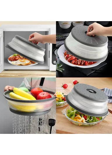 Collapsible Microwave Cover PP + TPR Food Splatter Guard Drain Lid with Hanging Hole (BPA Free, No FDA) - Grey