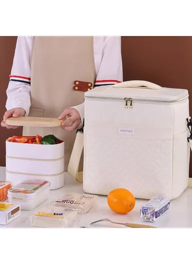 Insulated Lunch Bag Large Capacity Leakproof Thermal Bento Carrier for Outdoor Camping Picnic (L29xW20xH31)cm 7029 - Beige