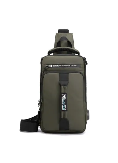 Large Men's Waist Pack Nylon Chest Bag Shoulders Backpack Sling Bag with External USB Charging Port 1100-1# - Army Green