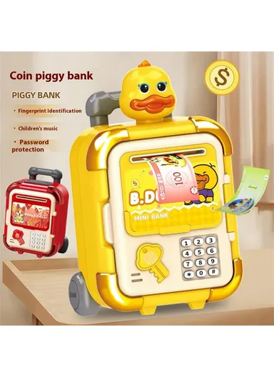 Automatic Piggy Bank for Kids Rolling Luggage Design with Music, Smart Password Lock, Fingerprint Recognition, Savings Toy 2629-T7 / T8 - Yellow