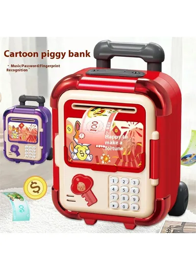 Automatic Piggy Bank for Kids Rolling Luggage Design with Music, Smart Password Lock, Fingerprint Recognition, Savings Toy 2629-T7 / T8 - Yellow