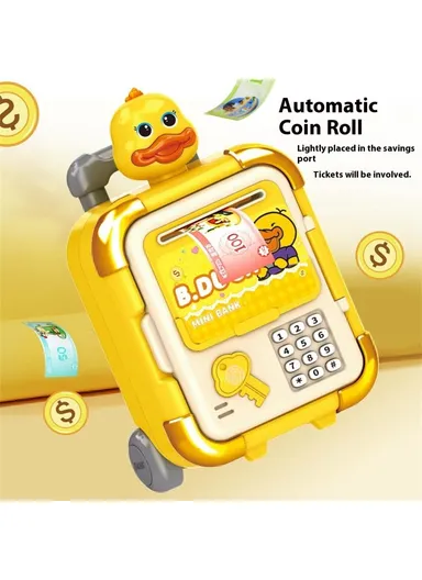 Automatic Piggy Bank for Kids Rolling Luggage Design with Music, Smart Password Lock, Fingerprint Recognition, Savings Toy 2629-T7 / T8 - Yellow