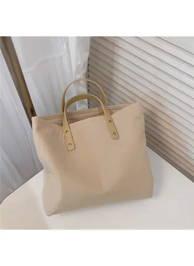 Simple Style Handbag Shopping Tote Bag Large Capacity Cotton+Spandex+PU Leather Travel Storage Hand Bag - Khaki
