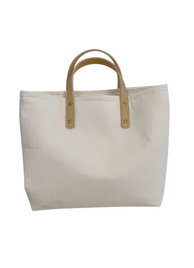 Simple Style Handbag Shopping Tote Bag Large Capacity Cotton+Spandex+PU Leather Travel Storage Hand Bag - Beige