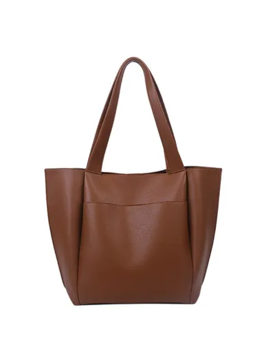 Large PU Leather Tote Handbag Top-Handle Women's Bucket Bag Shoulder Bag - Brown